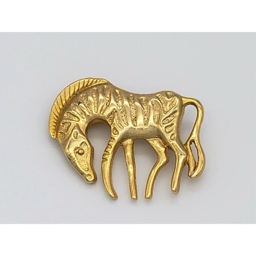 Zebra Animal Figural Brooch Pin Gold Tone Metal Shiny African Safari Vintage